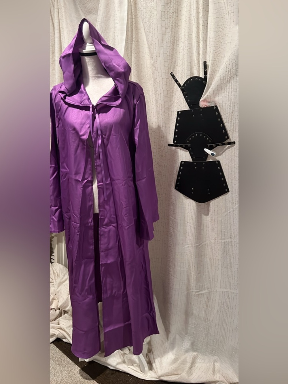 Purple Hooded Long sleeve robe, and brown braces Renaissance fair costume.